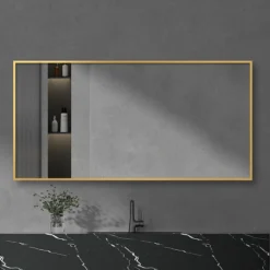 Arezzo Brushed Brass Square Edge Framed Bathroom Mirror - 1400 X 500mm -Home And Bathroom Supplies Store az147bb d2
