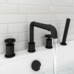 Arezzo Matt Black 4TH Industrial Style Deck Mounted Bath Shower Mixer Inc. Pull Out Handset -Home And Bathroom Supplies Store azisbk04nl