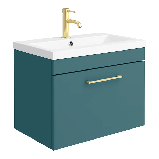 Arezzo Wall Hung Vanity Unit - Matt Green - 600mm 1-Drawer With Brushed Brass Handle 4 Arezzo Wall Hung Vanity Unit - Matt Green - 600mm 1-Drawer With Brushed Brass Handle - Image 2